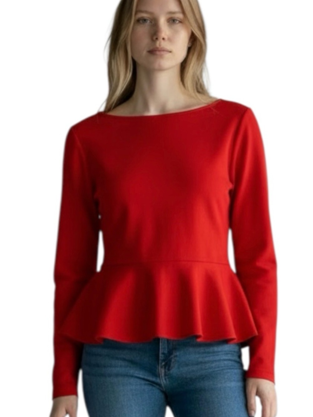 Jason Wu Red Peplum Top Long Sleeve Boat Neck Stretch Knit Blouse Medium Fall